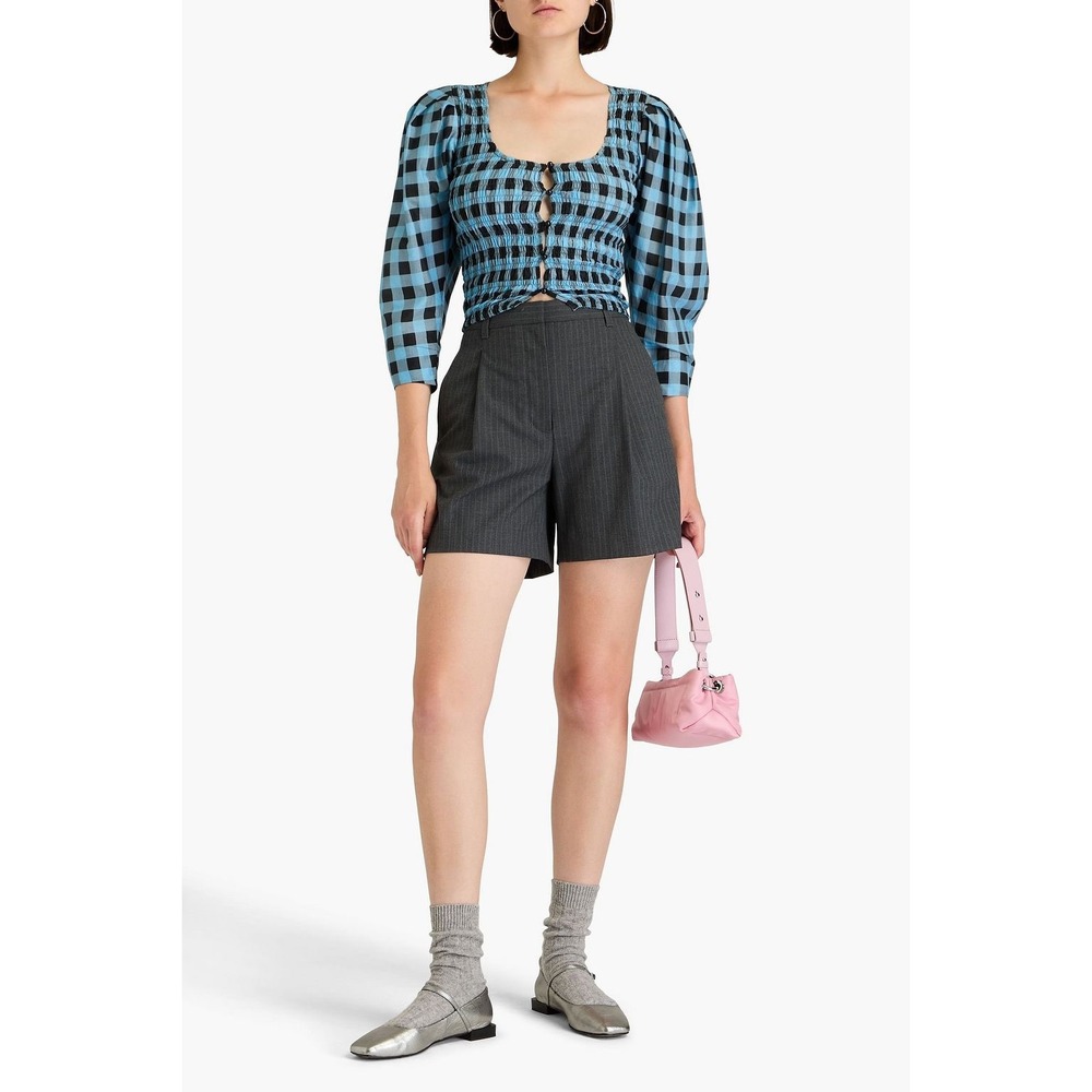 Ganni Smocked Top Puff Sleeve Checkered Blouse Alaskan Blue Button Up‎ Size S - Picture 2 of 6